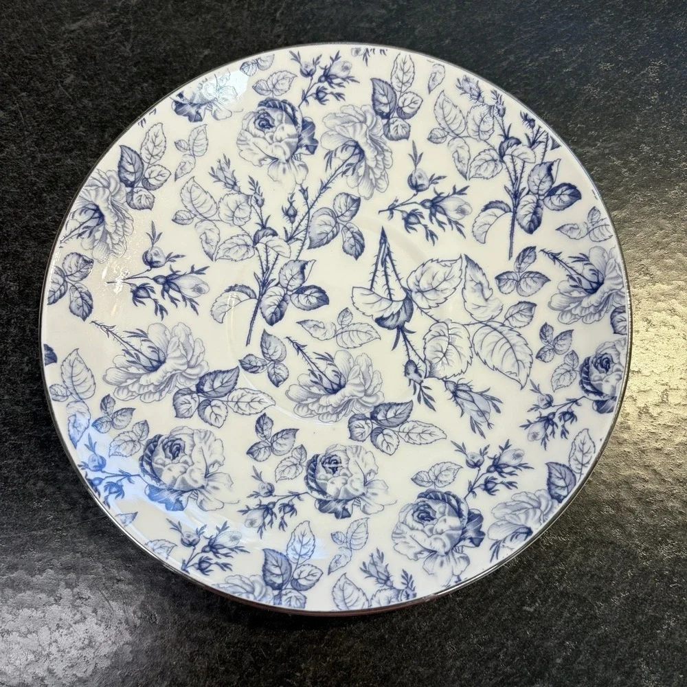 Grace Teaware Blue Rose Toile Fine Porcelain Oversized 16oz Tea Cup & Saucer EUC